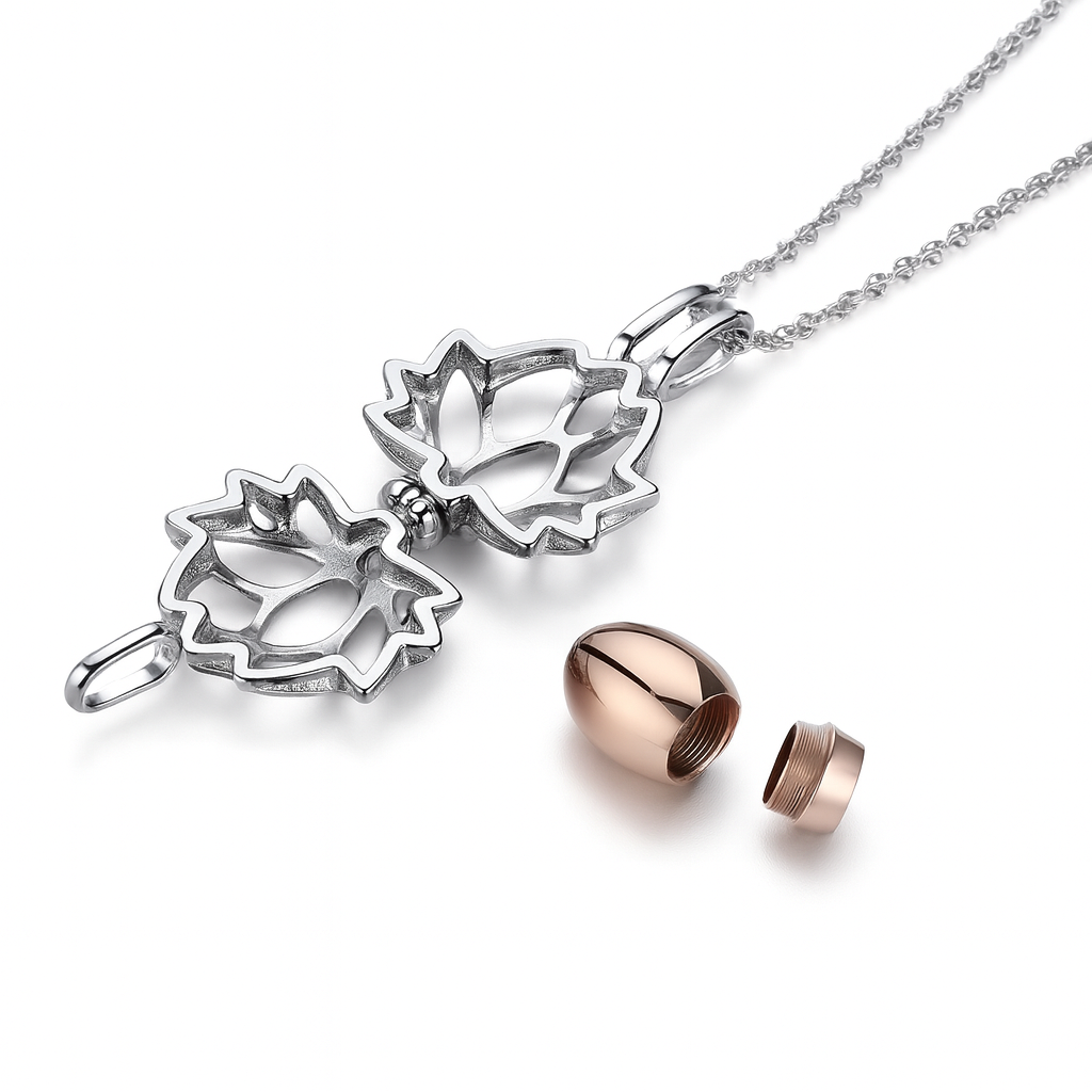 Lotus Flower Pet Cremation Urn Necklace – Stainless Steel Pet Keepsake Pendant